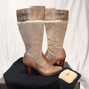 UGG Tan and Cream Heeled Boots with Buckle Detail